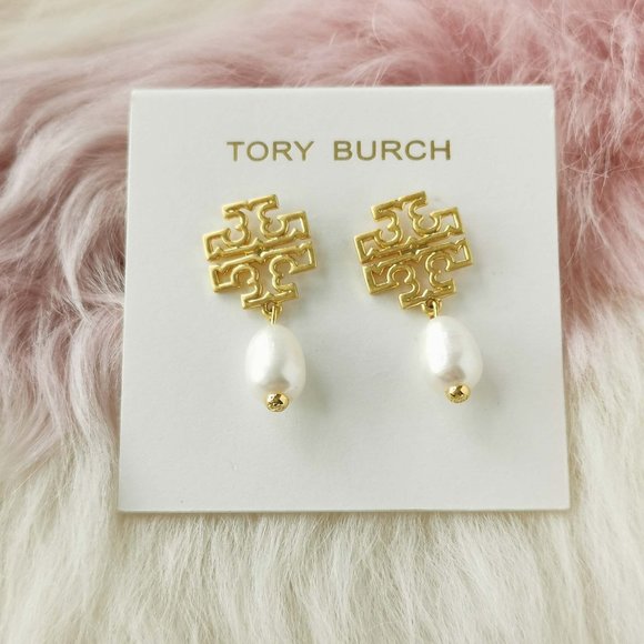 Tory Burch Jewelry - Tory Burch Gold Britton Logo White Pearl Drop Earrings